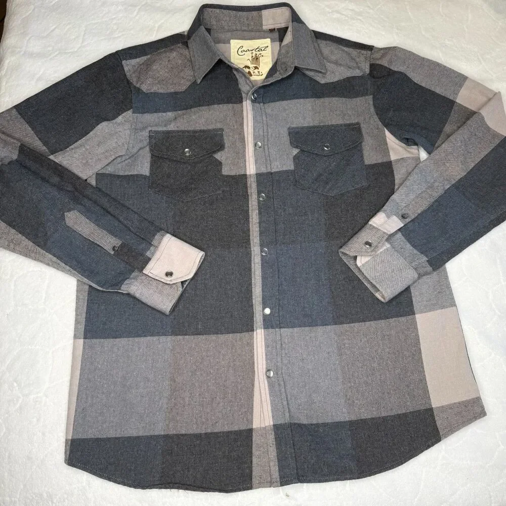 Coastal Pearl Snap Shirt Mens Medium Blue Gray Plaid Western Cowboy Long‎ Sleeve